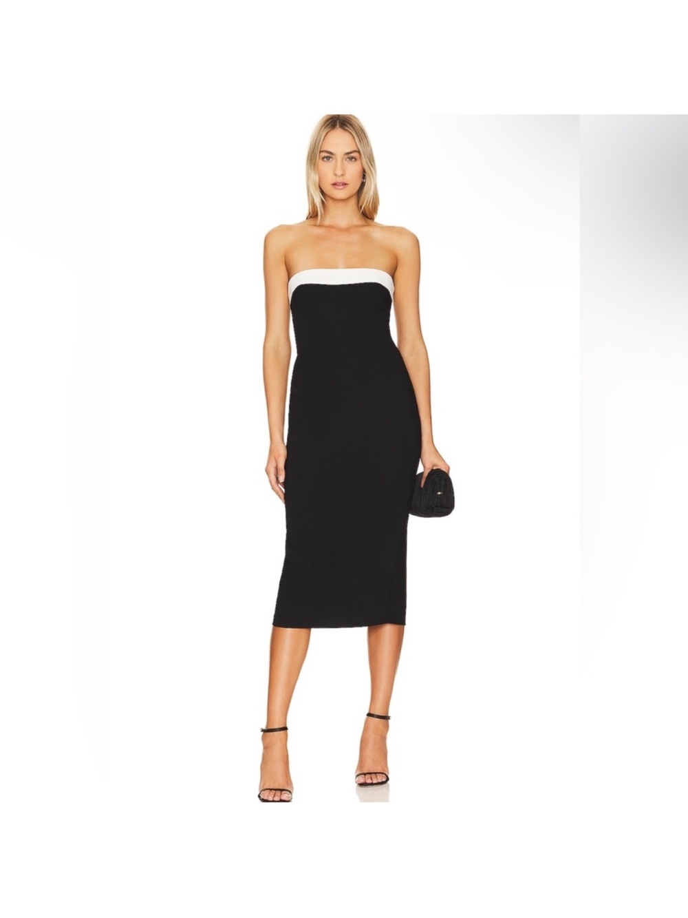 Amanda Uprichard Black Strapless Midi Dress with White Trim